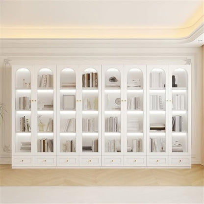 4-Tier Wood Barrister Bookcase with Multiple Drawers & Shelves Bookcase Bookshelf Integrated Home Living Room Study Cabinet Modern Display Cabinet Shelf White 126" L x 13" W x 79" H