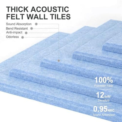 Felt Wall Tiles Bulletin Board Large Cork Board Alternative 12 Pack 11.81”x11.81”x0.47” Felt Pin Board Tack Board with Safe Removable Adhesive Tabs for Home Office School 48x36(Light Blue)