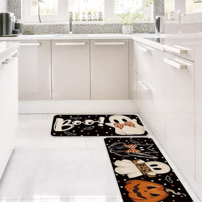 JarThenaAMCS Halloween Kitchen Mats Set of 2 Ghost Pumpkin Boo Kitchen Floor Mat Non-Slip Spooky Decorative Bathroom Rugs, 17 x 29 Inch & 17 x 47 Inch