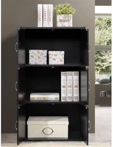 Home Square 3 Shelf 6 Door Wooden Bookcase Set in Black (Set of 2)