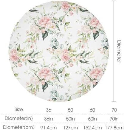 Pink Flowers Tablecloth, Watercolor Sage Green Eucalyptus Leaves Branches Floral Print Table Cloth for Picnic Party Dining Room Home Decor, 50x50in