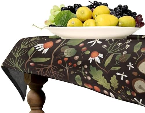 Wild Mushrooms Tablecloth, Rustic Chamomile Flowers Herbs Plants Retro Botanical Mushroom Natural Print Table Cover for Kitchen Dining Room Picnic Camping Indoor Outdoor 60x110in