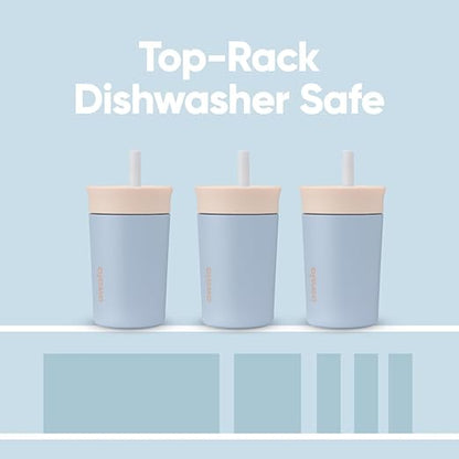 Owala Kids Insulation Stainless Steel Tumbler with Spill Resistant Flexible Straw, Easy to Clean, Kids Water Bottle, Great for Travel, Dishwasher Safe, 12 Oz, Tan and Blue (Seas the Day)
