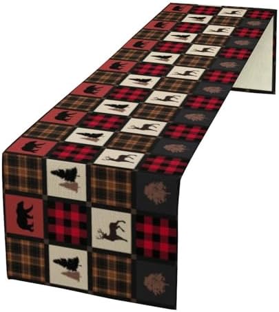 Rustic Bear Table Runner, Vintage Cottage Country Style Pine Tree Elk Wildlife Dinner Runner for Home Kitchen Dining Table Decoration 13"x36"