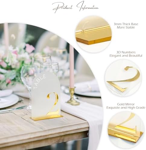 Frosted Arch Wedding Table Numbers 1-10, Gold Numbers and Stands
