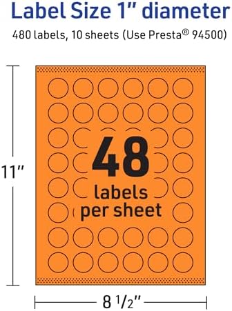 Avery Printable Round Labels, Sure Feed Technology, 1" Diameter, Bright Orange Labels, Print-to-the-Edge, Laser/Inkjet, 480 Total, Great for Price Stickers and Mailing Seals