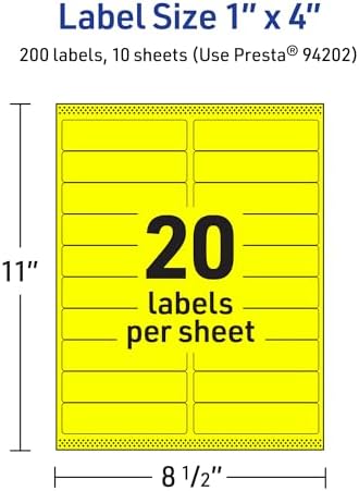 Avery Printable Rectangle Labels, Sure Feed Technology, 1" x 4", Neon Yellow Labels, Laser/Inkjet Printable, 200 Total, Great for Mailing and Cosmetics