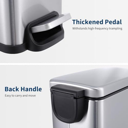 PrecisionAuto Slim Bathroom Trash Can with Soft Close Lid, 10 Liter / 2.6 Gallon Stainless Steel Step Garbage Can with Removable Inner Bucket, Narrow Trash Bin for Toilet Bedroom Kitchen, Silver