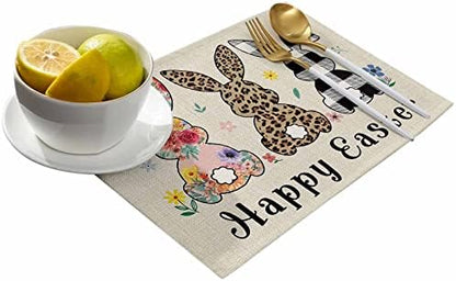 Artwork Store Happy Easter Placemats Set of 6,Cotton Linen Heat Resistant Table Mats Washable Cute Easter Bunny Florals Flowers Rabbit Placemat for Holiday Banquet Party Dining Kitchen Table Decor