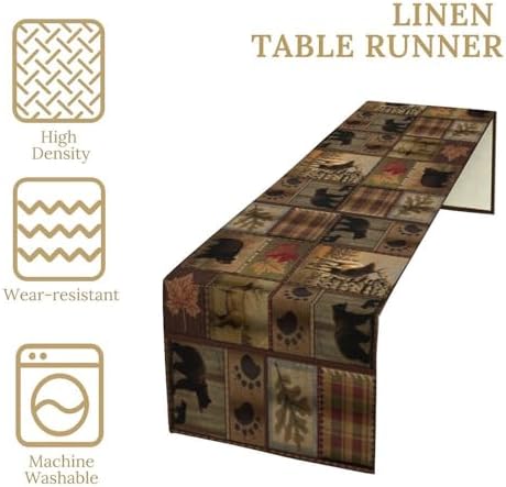 Rustic Bear Table Runner, Vintage Cottage Country Style Pine Tree Elk Wildlife Dinner Runner for Home Kitchen Dining Table Decoration 13"x90"