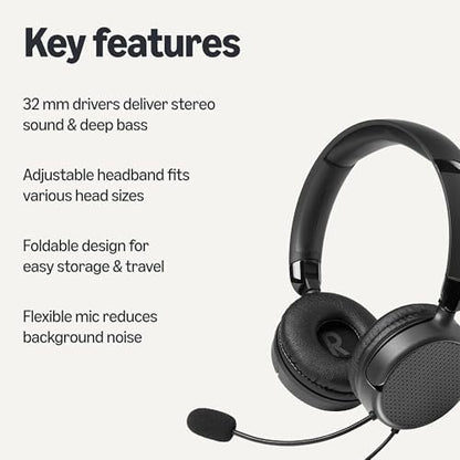 Amazon Basics On Ear Wired Computer Headset with Adjustable Microphone, 3.5mm Port or in-Line Control with USB-A Port, Foldable, Clear Sound, Small/Medium Size, Black (Pack of 2)
