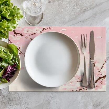 Batmerry Pink Cherry Blossom Linen Placemats Set of 8, Delicate Spring Blossoms Washable Table Mats for Kitchen Table Thickened Heat Insulation Dining Set Indoor Outdoor 12X18 in