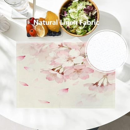 Batmerry Vintage Cherry Blossom Linen Placemats Set of 4, Delicate Watercolor Pink Flowers Washable Table Mats for Kitchen Table Thickened Heat Insulation Dining Set Indoor Outdoor 12X18 in