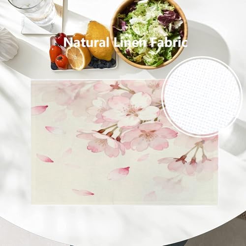 Batmerry Vintage Cherry Blossom Linen Placemats Set of 8, Delicate Watercolor Pink Flowers Washable Table Mats for Kitchen Table Thickened Heat Insulation Dining Set Indoor Outdoor 12X18 in