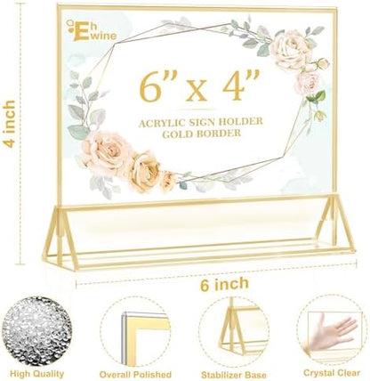 EHWINE 12 Pack Acrylic Sign Holder 4 x 6 Horizontal, Double-Sided Stand up Table Top Sign Holders, Gold Acrylic Picture Frame Menu Flyer Paper Holder Display Stand for Office Business Store Wedding Party