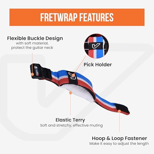 Gruv Gear Fret Wrap & Guitar Mute, Fretwrap for Acoustic, Electric & Bass | String Dampener Recording, Tapping & Practice Accessory (1 Pack, Medium Red/White/Blue, Fits 5 String Bass, 7 String Guitar)