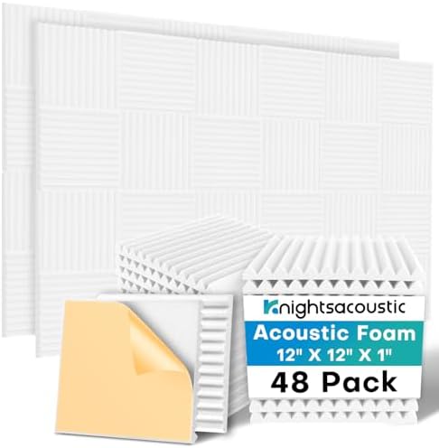 48 Pack Sound Proof Foam Panels for Walls with Self Adhesive, 12x12x1 Acoustic Foam Panels, High Density Acoustic Panels Sound Absorbing, Fire Resistant Studio Sound Proofing White