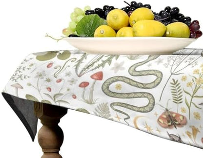 Country Forest Tablecloth, Wild Animal Hare Squirrel Owl Snake Snail Flowers Mushroom Table Cover for Tea Party Weddings Indoor Outdoor Dining 55x75in