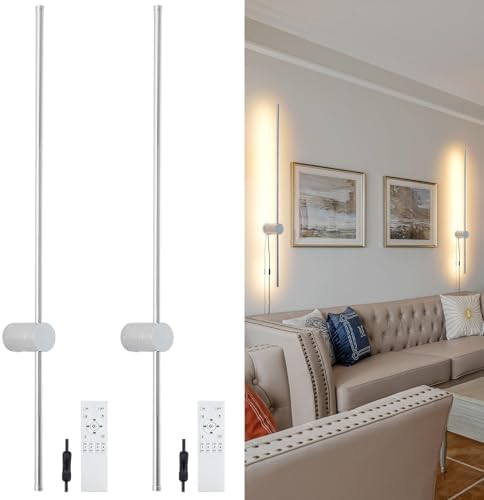 KELUOLY Dimmable Plug in Wall Sconce Set of 2, Chrome 39.37" LED Wall Light with Remote, Adjustable Color Temperature Brightness Wall lamp with Timer for Living Room,Bedroom and Accent Lighting