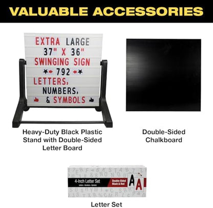 Excello Global Products Swinging Changable Message Sidewalk Sign: 37" x 36" Sign with 792 Pre-Cut Double Sided Letters and Storage Box. Includes Black Sign Board & 4 Liquid Chalkboard & Letter Board