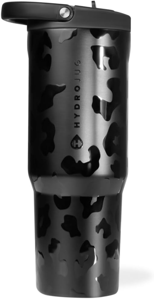 HydroJug Sport - Stainless Steel Tumbler with Straw, Vacuum Insulated, 40oz Leakproof Water Bottle, Ergonomic Design, Reusable, Dishwasher Safe, Rubber Base, Durable for Gym or Outdoors, Black Leopard