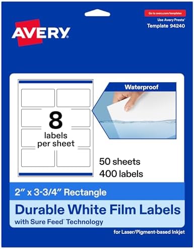 Avery® Printable Durable White Rectangle Labels, Sure Feed® Technology, 2" x 3.75", Print-to-the-Edge, Waterproof Labels, Laser & Pigment-Based Inkjet Compatible, 400 Total