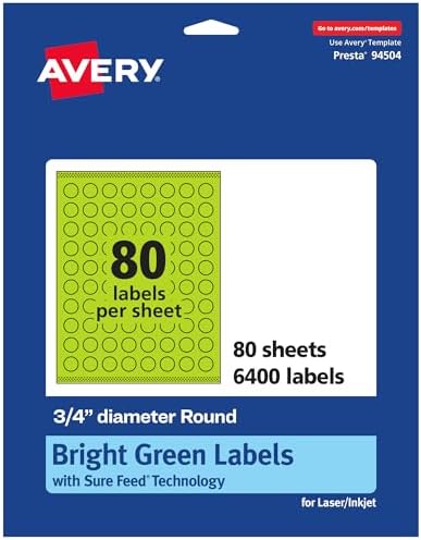 Avery Printable Round Labels, Sure Feed Technology, 3/4" Diameter, Bright Green Labels, Print-to-the-Edge, Laser/Inkjet, 6,400 Total, Great for Price Stickers and Mailing Seals