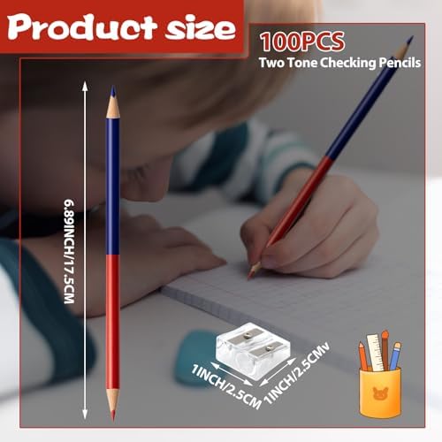 100 PCS Checking & Grading Pencils, Red and Blue Double Ended Erasable Pencils with Sharpeners, Pre-Sharpened #2 HB Back to School Supplies for Teachers, Testing, Office & Map Marking(100)