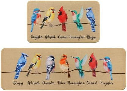 Percozzi Bird Kitchen mats Set of 2, Robin Cadinal Door mat Indoor Outdoor Rug, Hummingbirds Cardinal Kitchen Floor Mat Decor 17x29 and 17x47 Inch