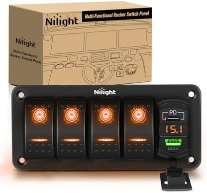 Nilight 4 Gang Rocker Switch Panel with PD Type C and USB Charger Voltmeter