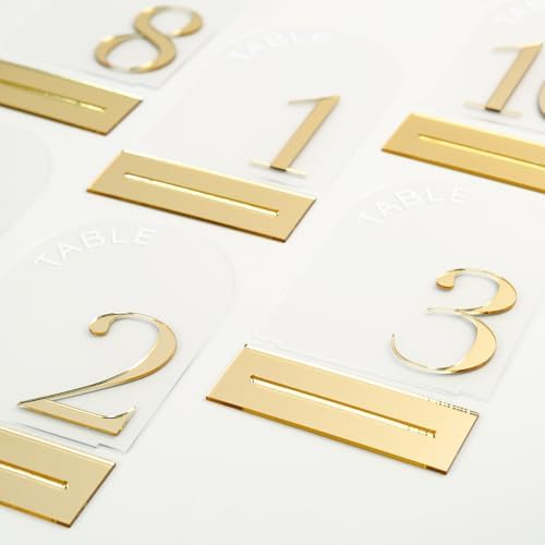 Clear Arch Wedding Table Numbers 1-15, Gold Numbers and Stands