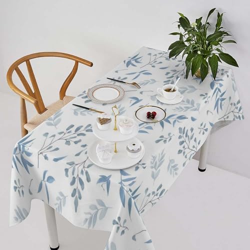 Blue Leaves Tablecloth, Summer Light Blue White Grey Leaves Fern Forest Herbs Plants Print Table Cloth for Indoor Outdoor Dining Table Party Picnic Decor 60x90in