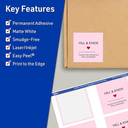 Avery TrueBlock Matte White Square Labels, Sure Feed Technology, 3" x 3", 600 Matte White Labels, Print-to-The-Edge, Laser/Inkjet Printable, Great for Packaging and Product Merchandising