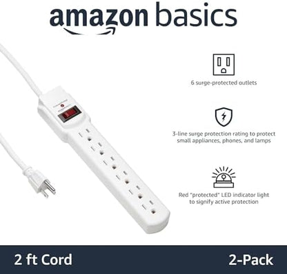 Amazon Basics Surge Protector Power Strip, 6-Outlet with 200J Protection, Circuit Breaker, LED Indicator, On/Off Switch, Wall-Mounting, 2ft Extension Cord, White, 2-Pack