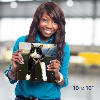 3dRose LLC Wall Clock Silent - 10 inch - Black and White Cat with Nothing to Do - Animals