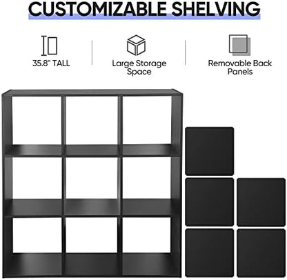 JupiterForce 9 Cube Storage Organizer Wooden Display Shelf W/ 5 Removable Back Panels, Customizable Bookcase Bookshelf for Home, Office, Bedroom and Living Room (Black)