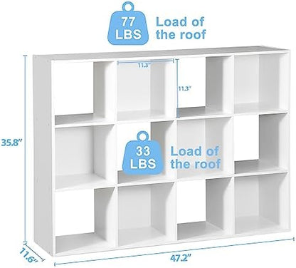 SUPER DEAL 12-Compartment Open Shelf Bookcase, 47 inch Wide Cube Storage Cabinet Wood Cubical Bookshelves Display Unit with 6 Removable Back Panels for Living Room Bedroom, White