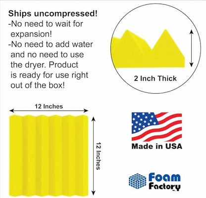 Foam Factory Inc 24 Pack Color Acoustic Foam Panel Studio Soundproofing Wedge Wall Tiles 12” X 12” X 2” (Yellow)