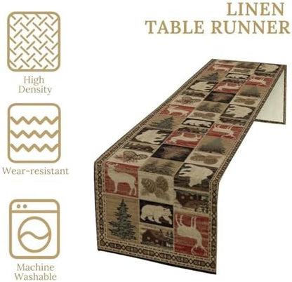 Rustic Bear Table Runner, Vintage Cottage Country Style Pine Tree Elk Wildlife Dinner Runner for Home Kitchen Dining Table Decoration 13"x60"