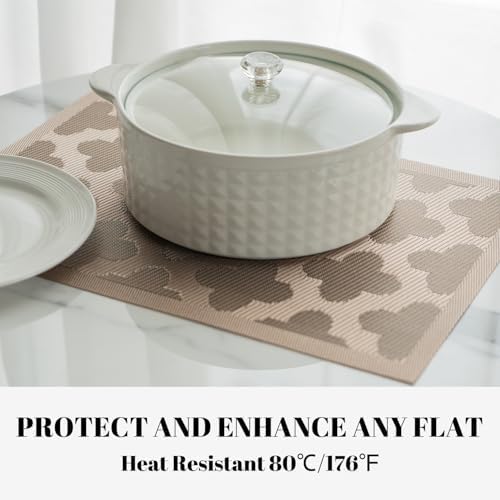 Placemats Set of 6 Vinyl/Plastic Woven Place Mats for Kitchen Table Indoor/Outdoor Washable Placemat Wipeable Dining Table Mats (Dark Brown Clover,6)