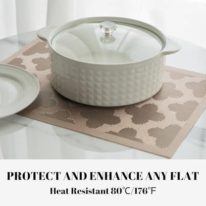 Placemats Set of 4 Vinyl/Plastic Woven Place Mats for Kitchen Table Indoor/Outdoor Washable Placemat Wipeable Dining Table Mats (Dark Brown Clover,4)
