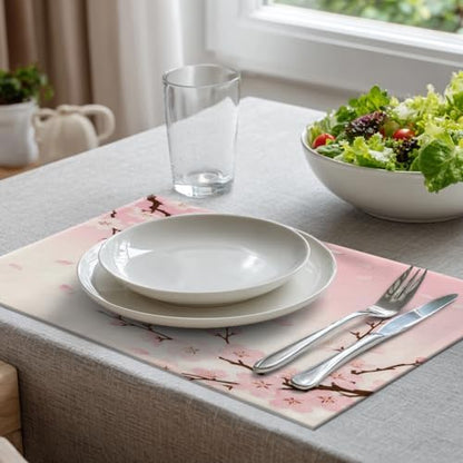 Batmerry Pink Cherry Blossom Linen Placemats Set of 4, Delicate Spring Blossoms Washable Table Mats for Kitchen Table Thickened Heat Insulation Dining Set Indoor Outdoor 12X18 in