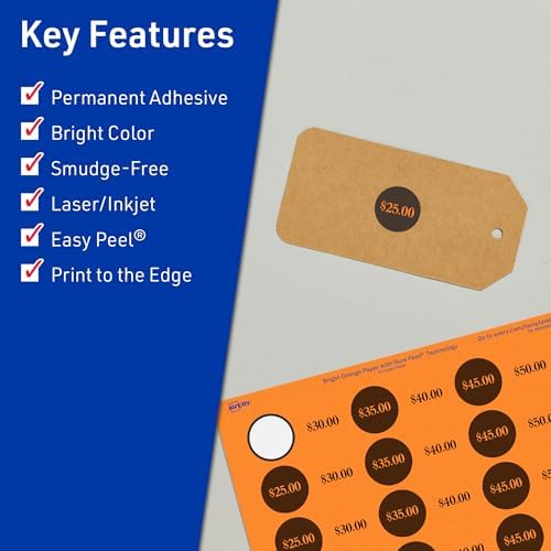 Avery Printable Round Labels, Sure Feed Technology, 1" Diameter, Bright Orange Labels, Print-to-the-Edge, Laser/Inkjet, 480 Total, Great for Price Stickers and Mailing Seals