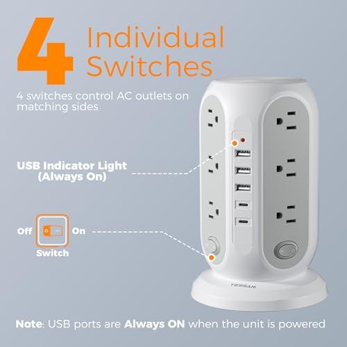 TESSAN Tower Power Strip Surge Protector, Flat Extension Cord 6 Ft, Grey