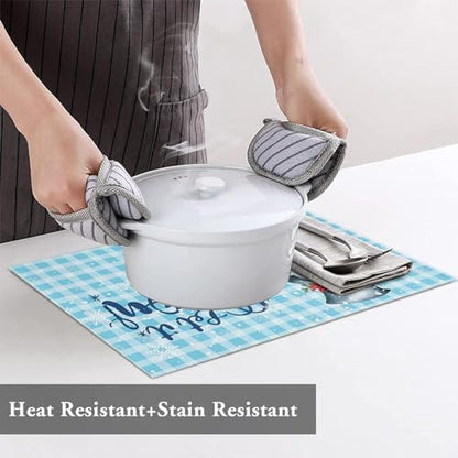 Snowman Christmas Placemats Set of 4, Let It Snow Winter Holiday Heat Resistant Washable Table Place Mats Blue White Buffalo Plaid Table Linens Party Holiday Decor for Kitchen Dining Outdoor Indoor