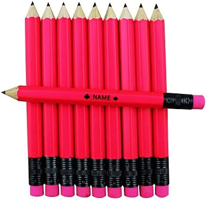 EZPENCILS & GIFTS - Golf Pencils Tipped with Eraser (1/2 a Pencil - Pew Pencils) - Neon Pink Colored Barrel - FREE-PERSONALIZATION - 2HB Black Lead - Custom Text - Non-Smear Eraser – Package of 20