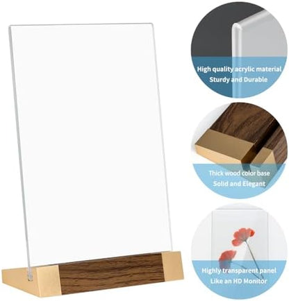 Acrylic Mini Sign Holder 4x6 Inch with Wood-Color Base, Acrylic Tabletop Display Sign Frame Vertical Clear for Store/Coffee Shop/Restaurant Menu Hotel/Office Display Holder, 2 Pack L Shape