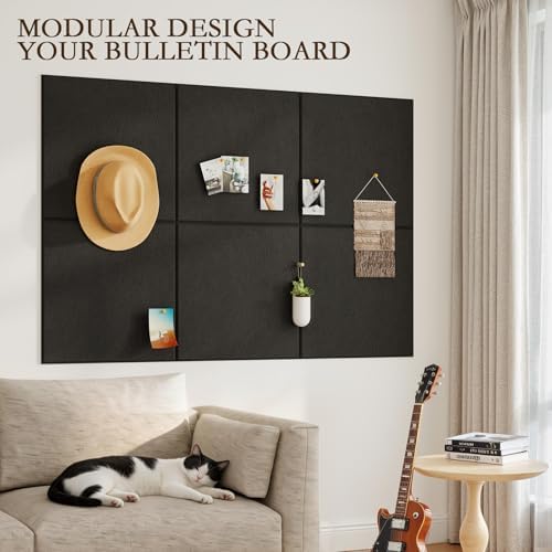 JBER Large Felt Bulletin Board 36" x 24", 6 Pack Felt Wall Tiles, Black