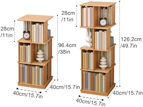 GAMAK Rotating Bookshelf Kids 360 Display 3-4 Tier Revolving Bookcase with Brake Wheels Floor Standing Bookcase Narrow Bookshelf for Small Spaces Natural Wood (Color : Walnut, Size : Moving_Three)