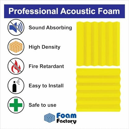 Foam Factory Inc 24 Pack Color Acoustic Foam Panel Studio Soundproofing Wedge Wall Tiles 12” X 12” X 2” (Yellow)